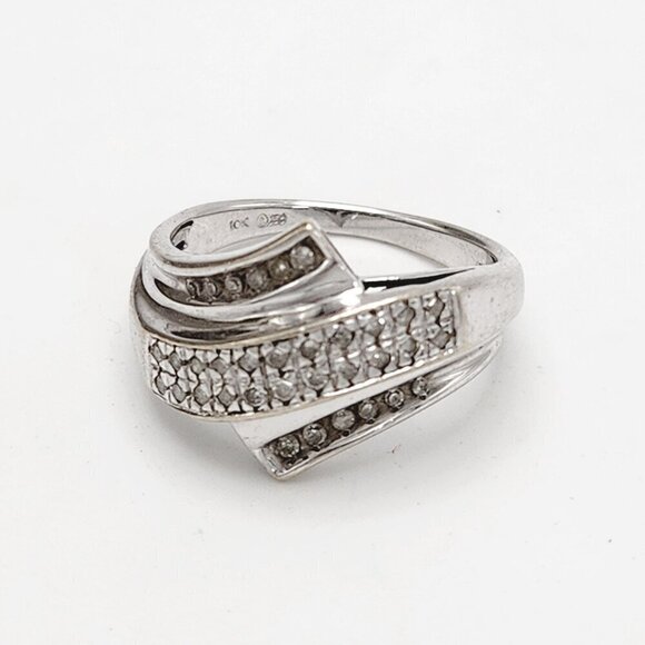 10k White Gold Diamond Ribbon Crossover Wrap Style Band Ring Sz. 7 - Picture 12 of 12